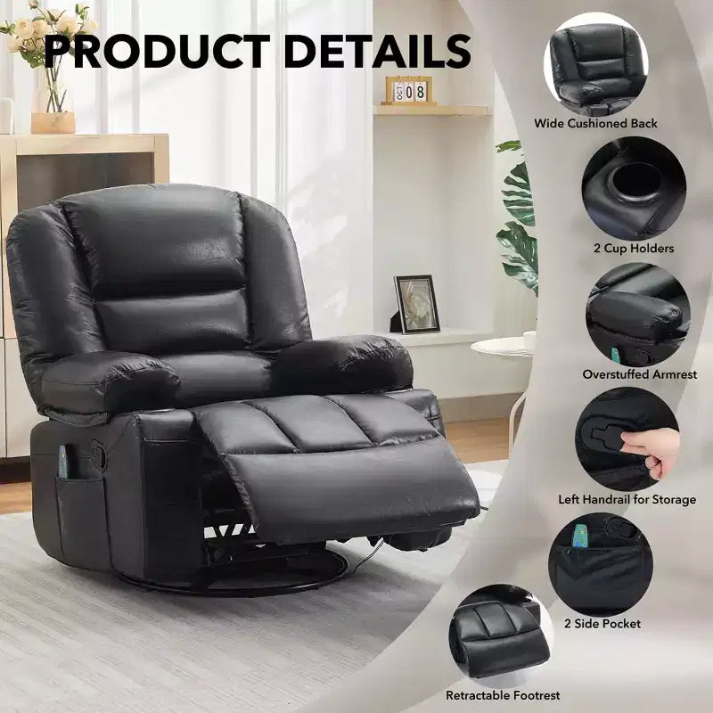 Fauteuil inclinable pivotant et berçant noir/marron avec massage et chaleur – Une place