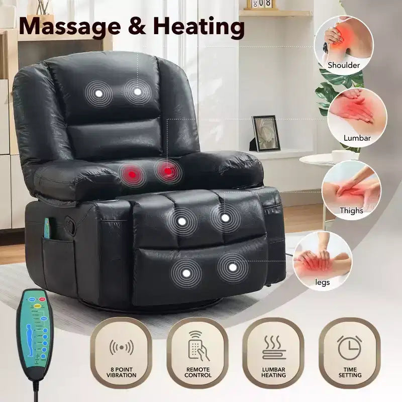 Fauteuil inclinable pivotant et berçant noir/marron avec massage et chaleur – Une place