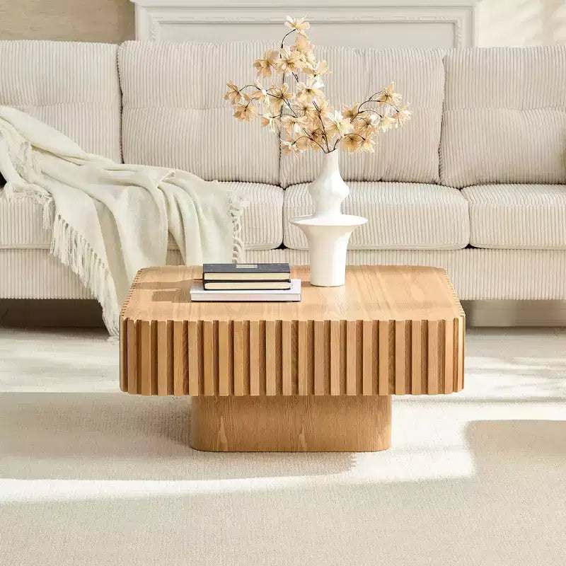 Table basse carrée beige, Piètement central, 80 cm, 1 personne