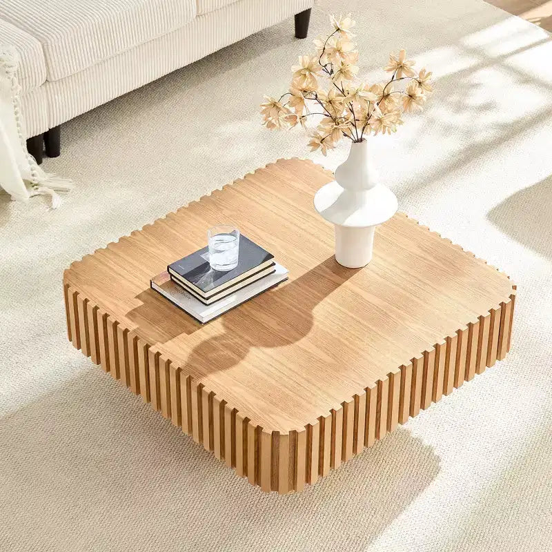 Table basse carrée beige, Piètement central, 80 cm, 1 personne