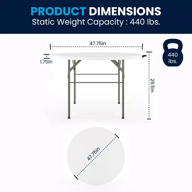 Table ronde pliante blanche, plateau en plastique, 4 places