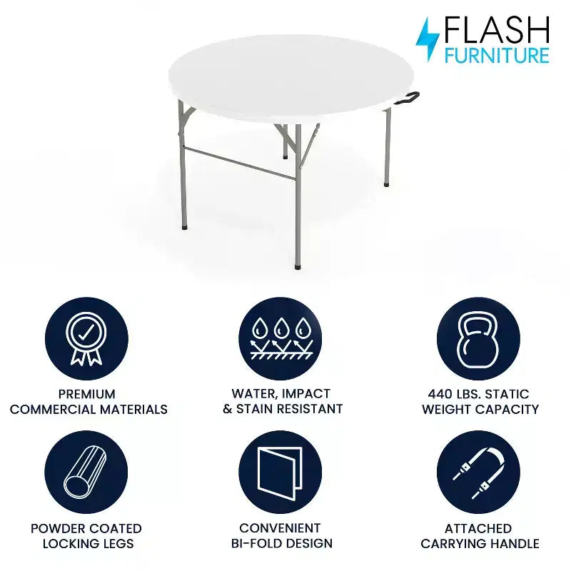 Table ronde pliante blanche, plateau en plastique, 4 places
