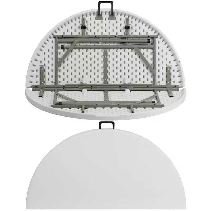 Table ronde pliante blanche, plateau en plastique, 4 places