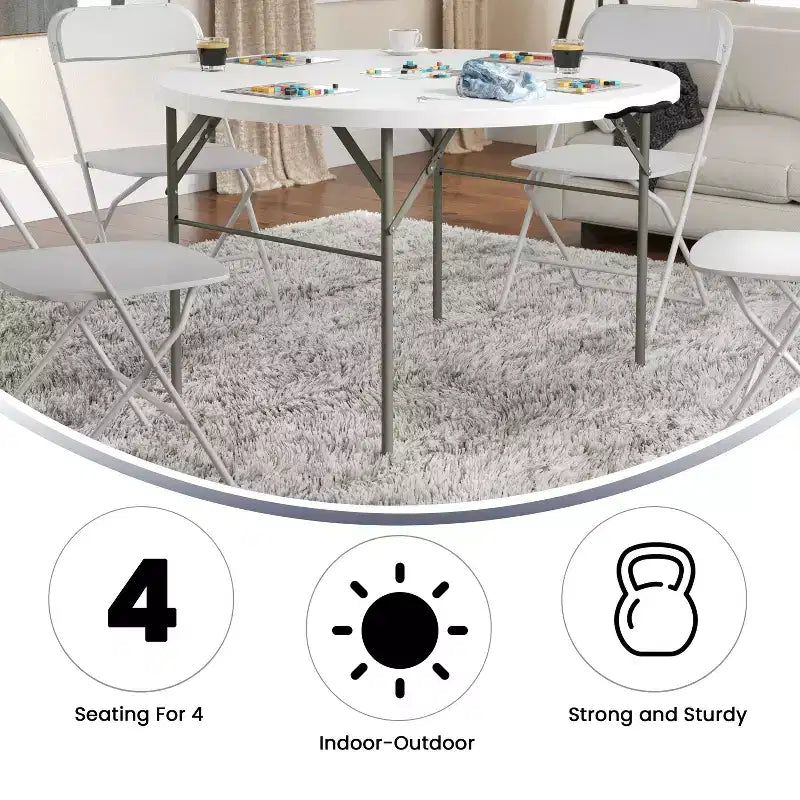 Table ronde pliante blanche, plateau en plastique, 4 places