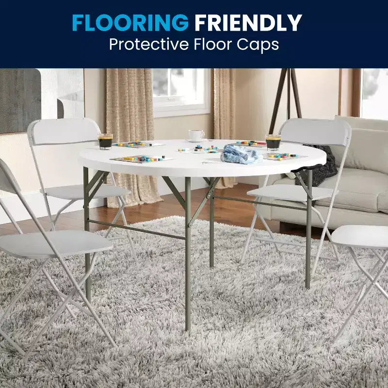 Table ronde pliante blanche, plateau en plastique, 4 places