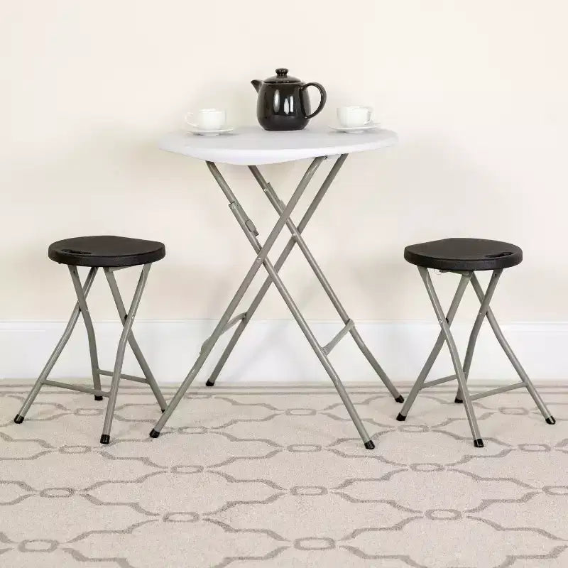 Tabouret pliant noir, cadre en métal argenté, 1 place