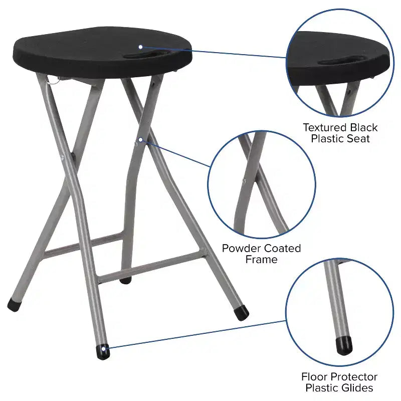Tabouret pliant noir, cadre en métal argenté, 1 place