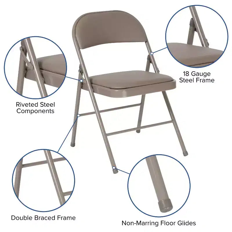 Chaise pliante rembourrée en vinyle beige/gris – Lot de 2