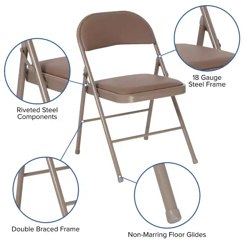 Chaise pliante rembourrée en vinyle beige/gris – Lot de 2