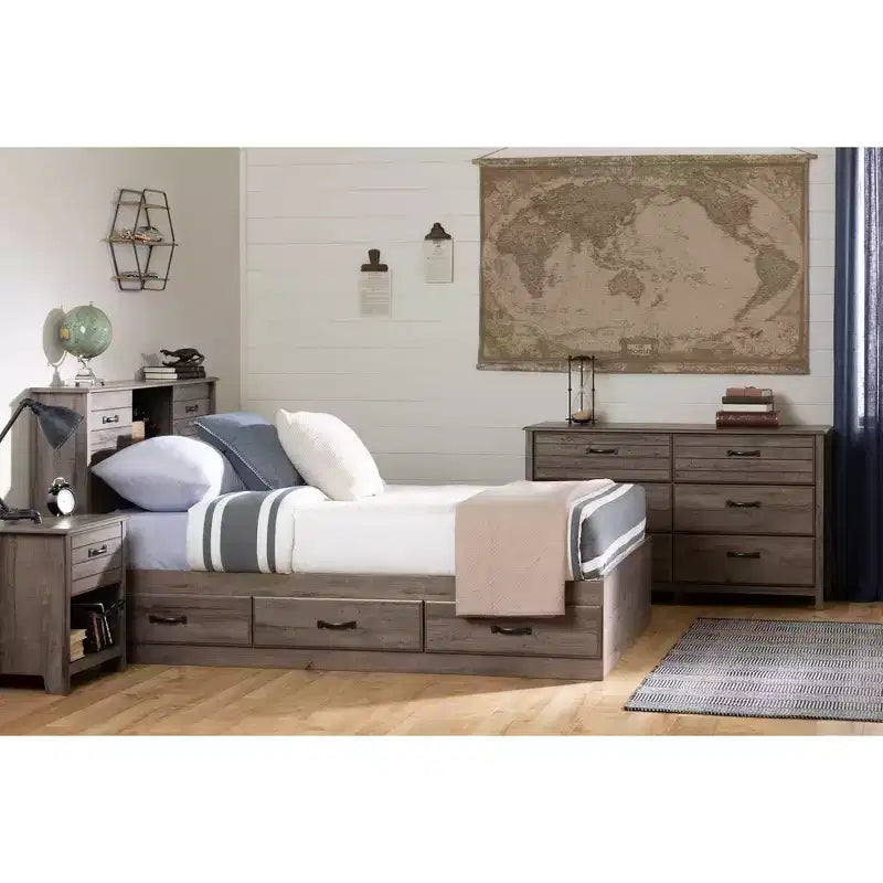 Commode double 6 tiroirs – Bleu myrtille/Chêne automne, pour 1 personne