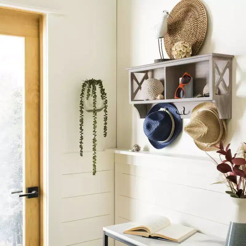 Étagère murale cerise / blanc vintage / blanche avec crochets et étagères – Style traditionnel, foyer d'une personne